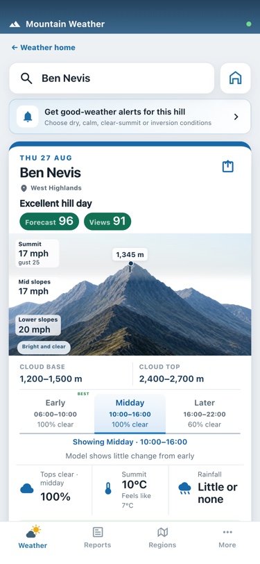 Ben Nevis peak forecast in the Mountain Weather app