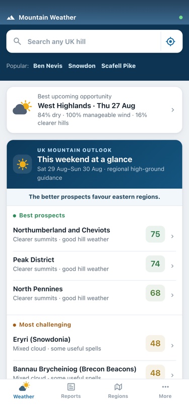 UK weekend mountain outlook in the Mountain Weather app